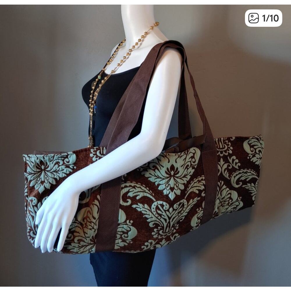 Brown and Mint Damask Yoga Mat Tote Crossbody Bag